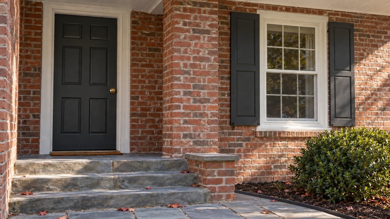 Bluestone porch pavers meet a mulched shrub bed, separated by a narrow dark steel edging strip.