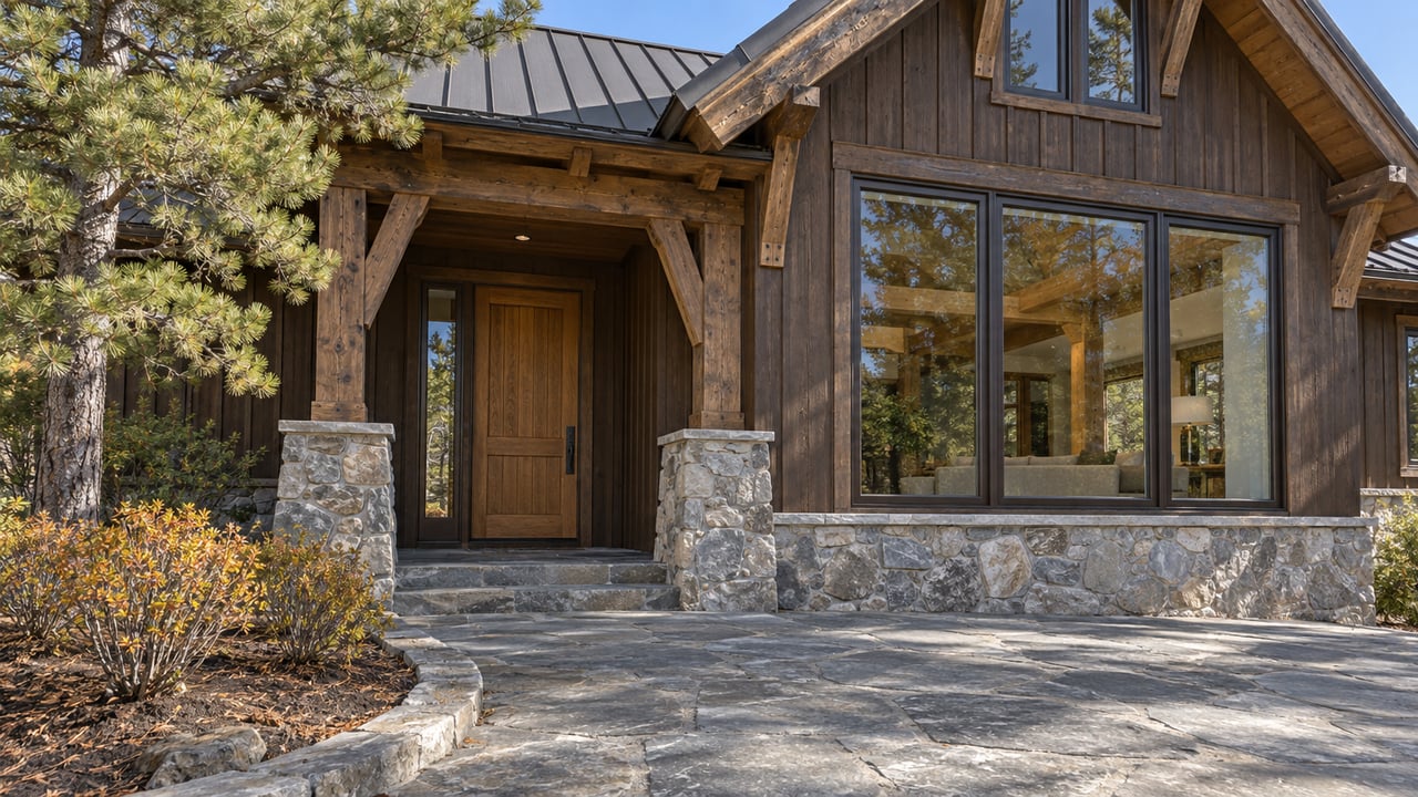 Dark timber residence with a steep metal roof, stone porch piers and a flagstone approach beside an autumn planting bed.