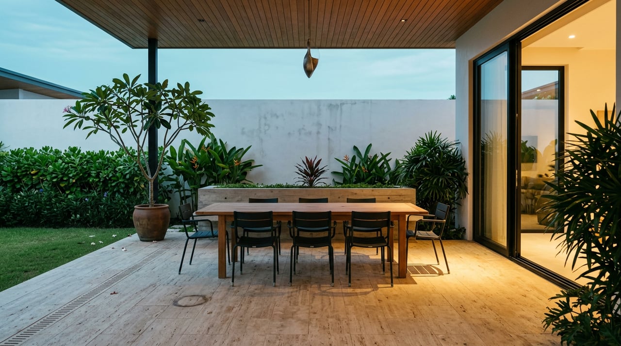 Covered terrace with an empty teak dining table, black chairs, tropical plants, and warm light spilling from glass doors.