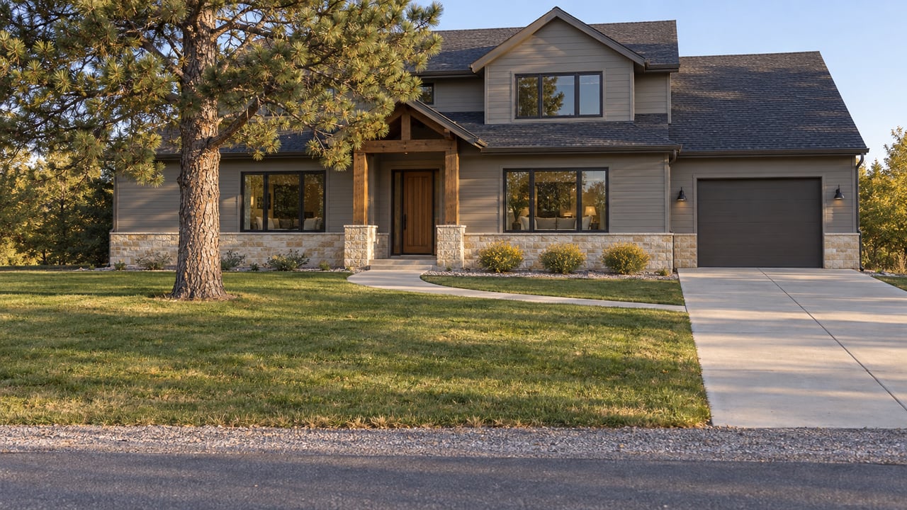 Two-story gray-sided home with a limestone base, deep lawn, pine tree, and driveway to a single garage.
