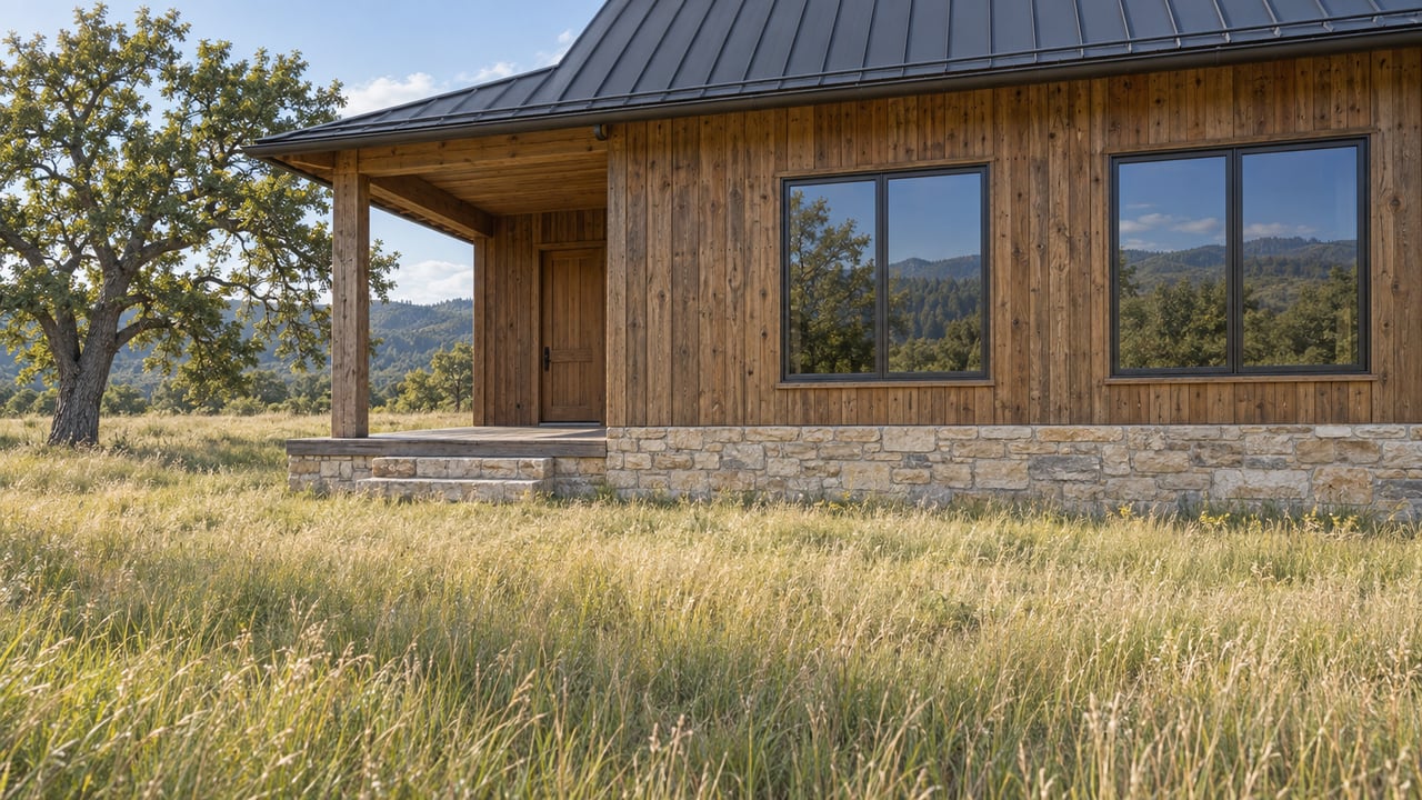 Honey-brown timber house with a limestone foundation, covered porch, and windows beside a grassy meadow and oak tree.