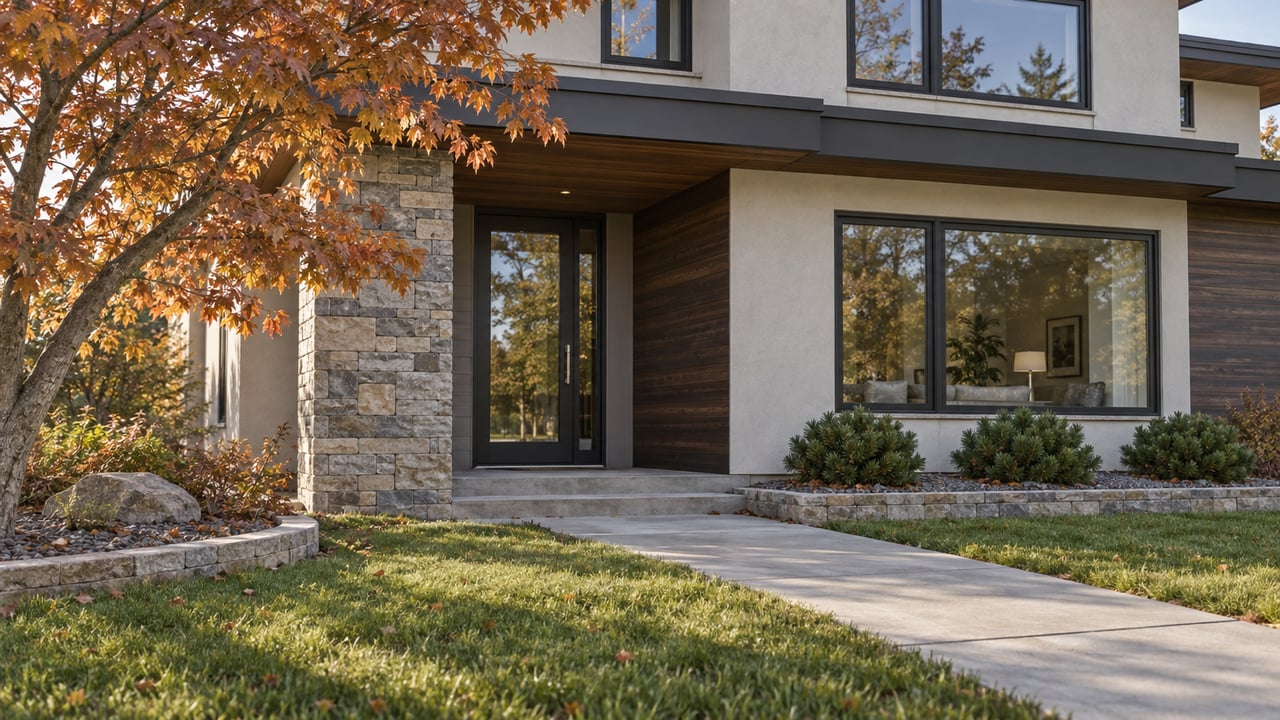 Autumn morning light on a two-story stucco and cedar home with a stone porch pier, broad front lawn and copper-leaved maple.