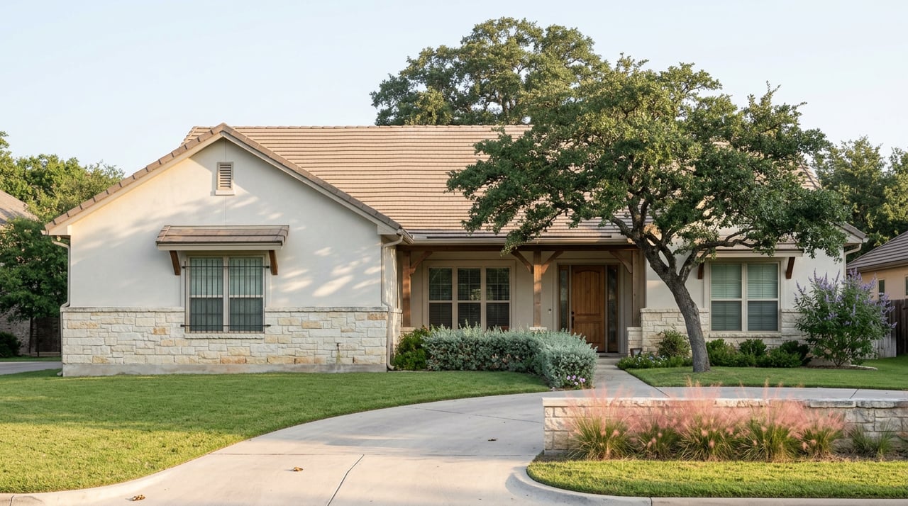 Stucco-and-limestone home beneath a spreading oak, with a broad lawn and curving concrete driveway.