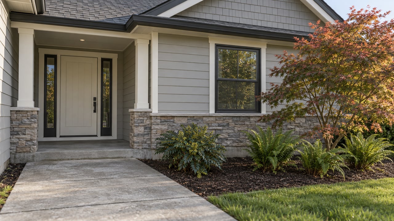 Suburban home entry with gray siding, a concrete walkway, and a vine maple beside sword ferns.