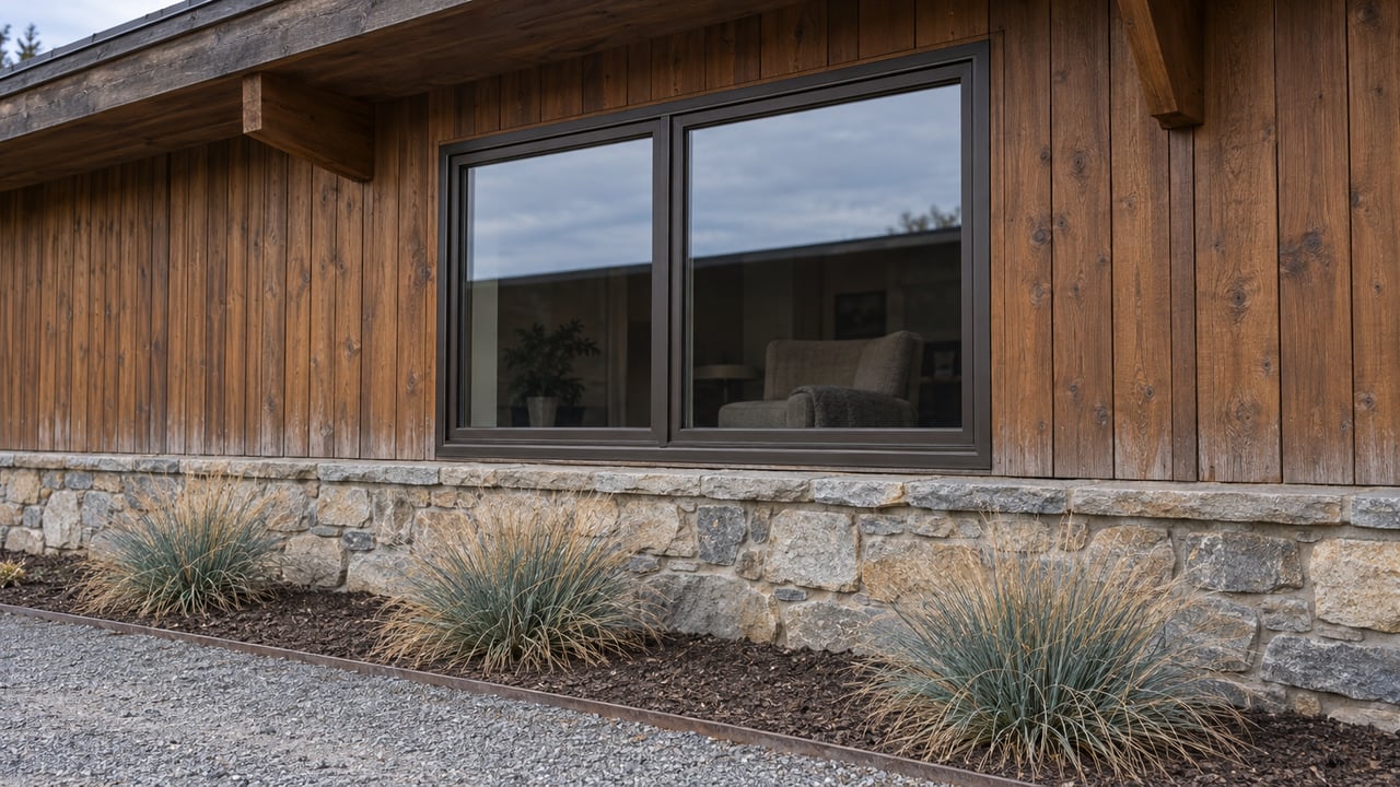 Close view of a cedar-clad home with a deep timber eave, bronze-framed window, sandstone foundation and three blue-gray bunchgrasses beside gravel.