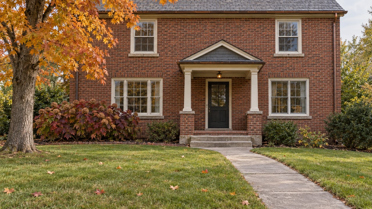 An autumn front lawn and curved concrete walk lead to a two-story brick home with ivory windows and a covered entrance.