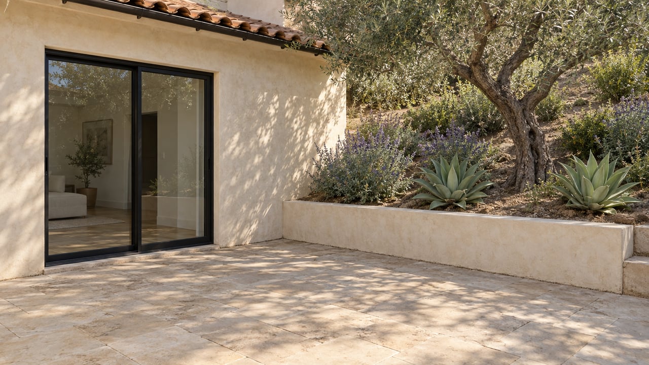 Stucco house with a black-framed sliding door beside a limestone courtyard, olive tree, and agaves on a raised bank.