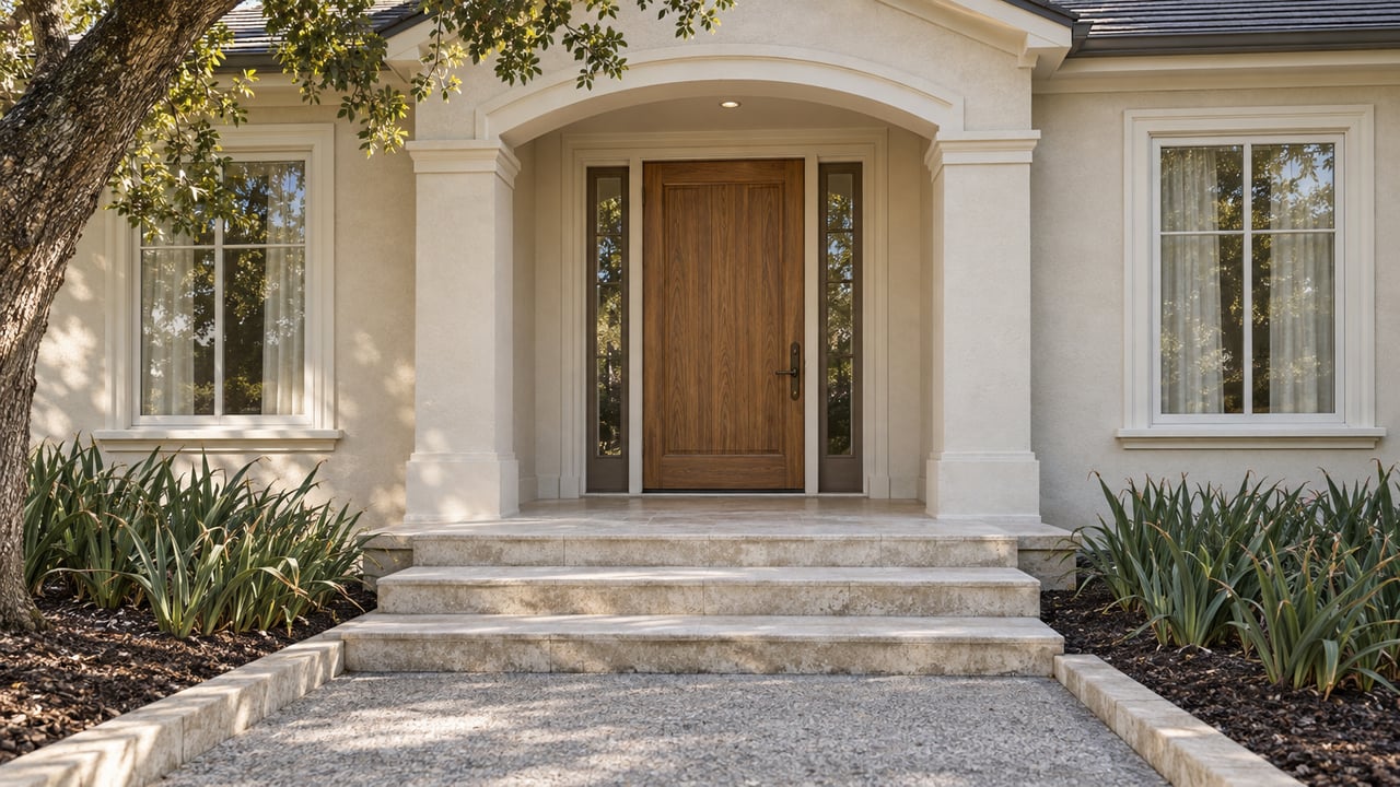 Ivory stucco home with an arched oak entry, paired sidelights, limestone steps, and a mature oak beside the garden approach.