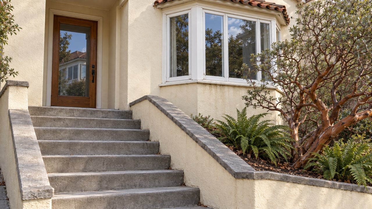 Cream stucco hillside house with a projecting bay window, red tile eave, and six concrete steps beside a manzanita.