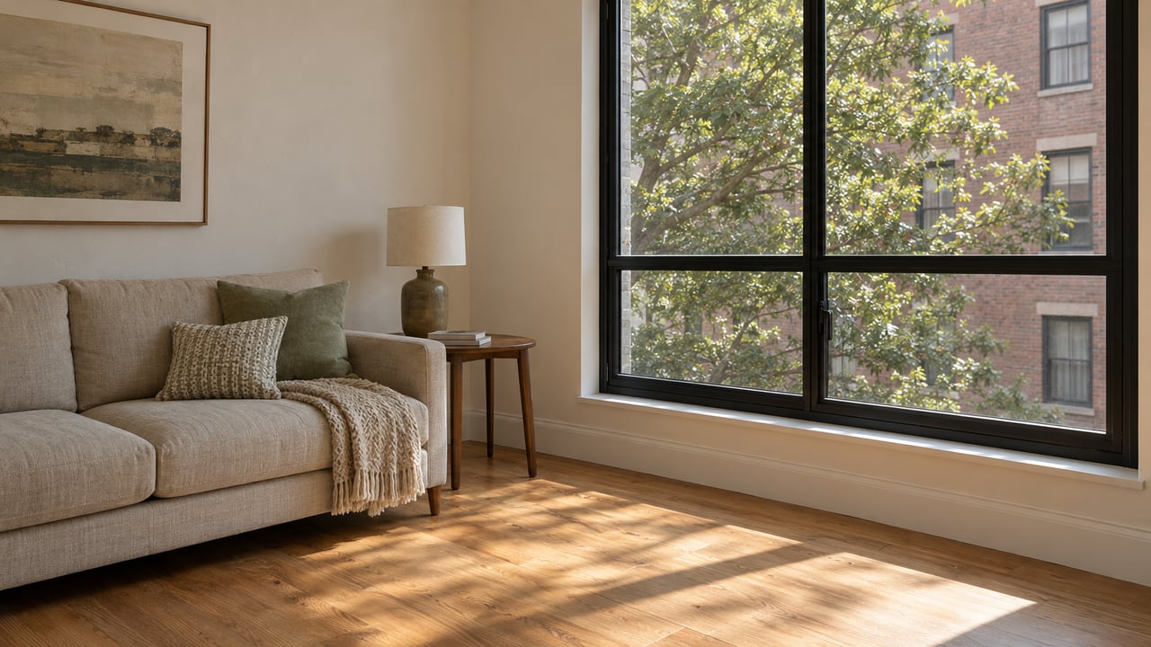 Apartment living room with an oatmeal sofa, oak floor, and black-framed window overlooking brick housing.