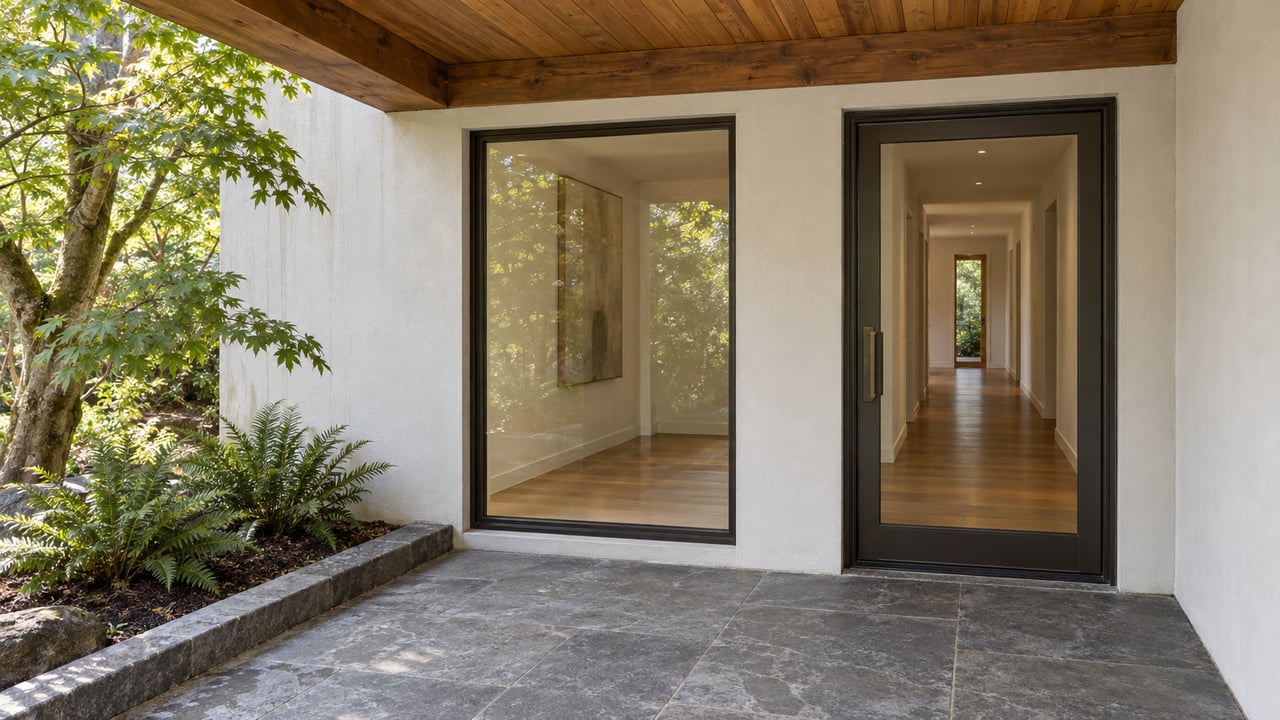 Covered home entry with cedar beams, dark-framed glass, gray stone paving and ferns beside a mature maple.