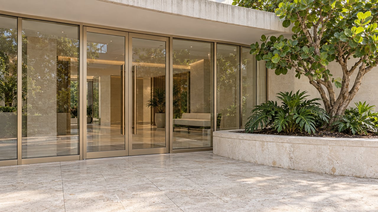 Curved glass condominium entrance with paired bronze-handled doors, pale limestone paving and a raised planter holding a sea grape tree.