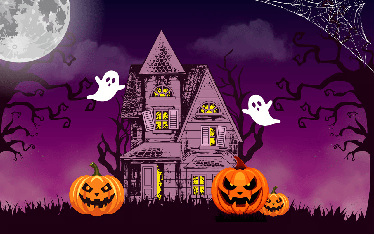 Crooked haunted house with glowing windows, floating ghosts, jack-o’-lanterns, and a full moon.