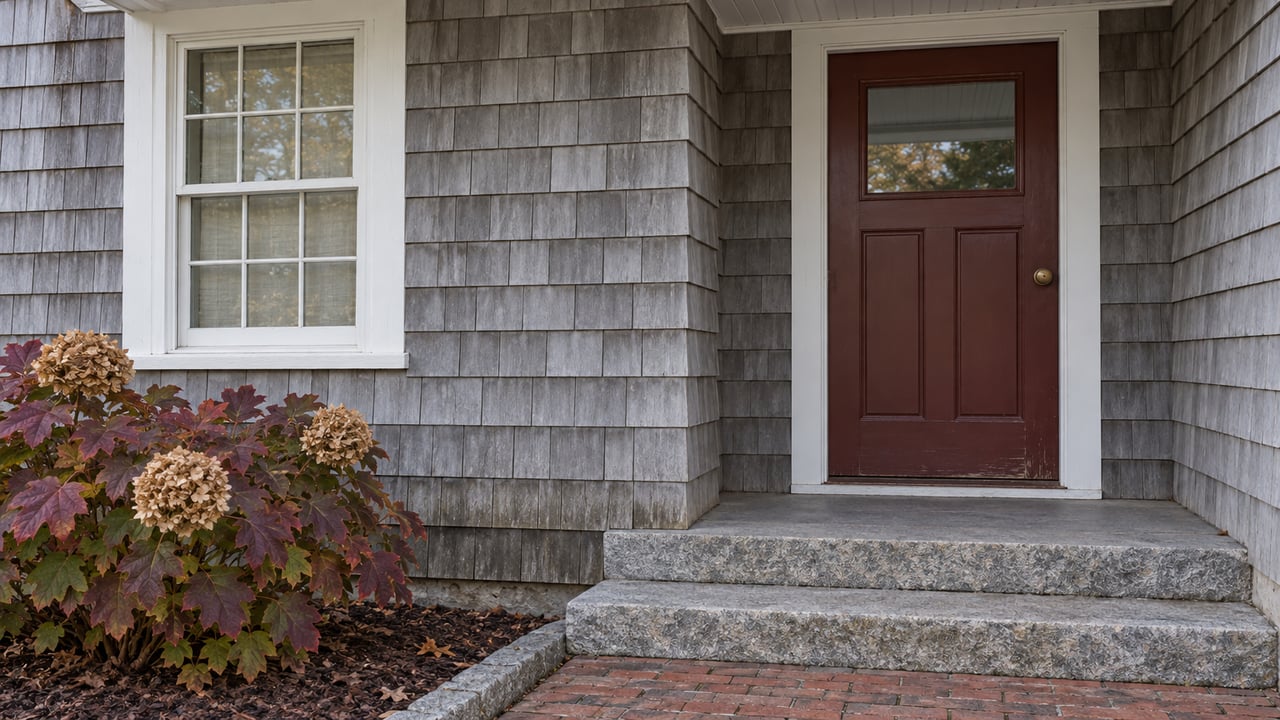 Weathered cedar-shingle home entry with a red door, white-trimmed window, granite steps and autumn oakleaf hydrangea.