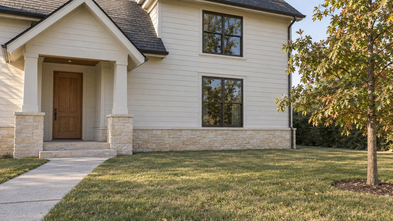 Two-story off-white house with a recessed oak entry, charcoal roof, concrete walk, and young oak tree.