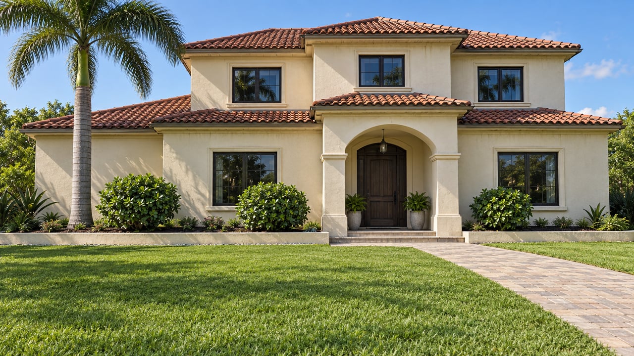 An established ivory stucco house with red clay tile roofs, dark windows and an arched entry beyond a broad green lawn and tan paver approach.