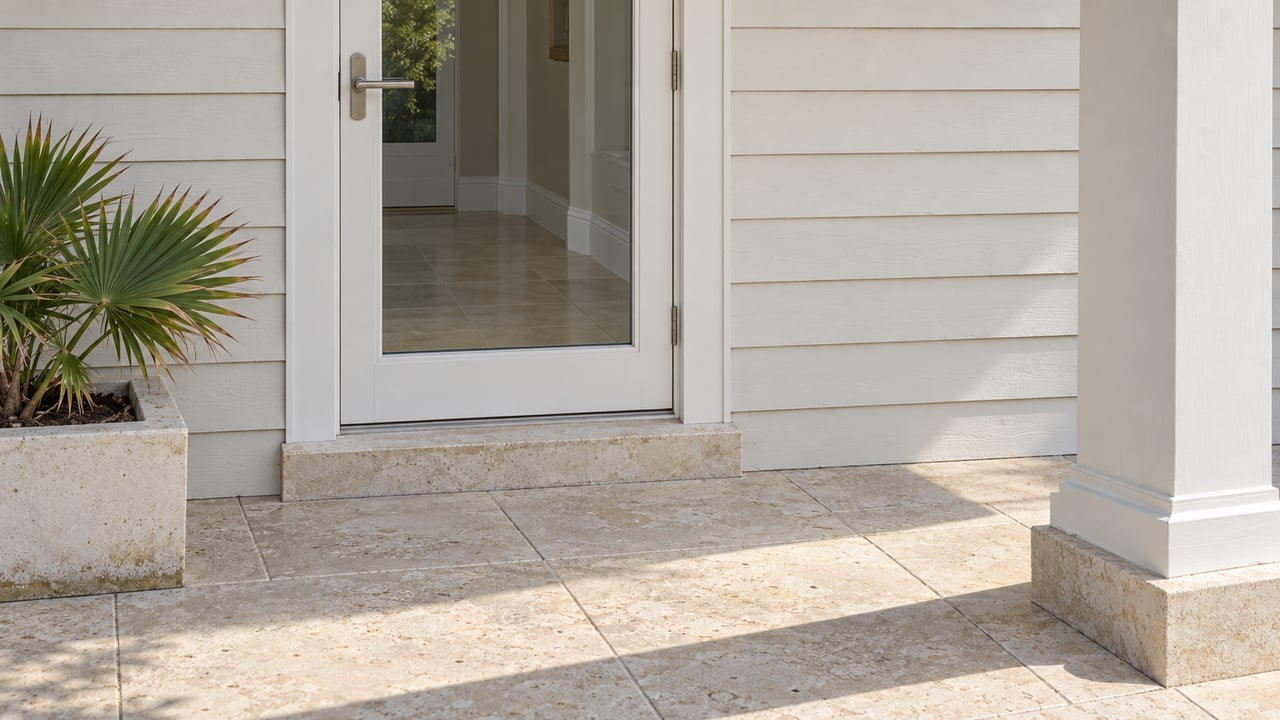Close view of an ivory-sided home's glazed entry, limestone threshold and porch paving, with a dwarf palmetto in a stone planter.