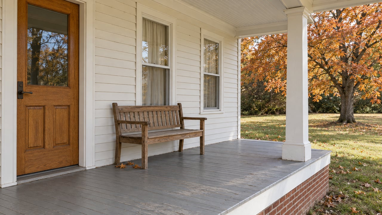 Autumn daylight falls across a gray wooden porch with a honey-brown front door, white sash windows, an oak bench, and a copper-leaved maple beyond.