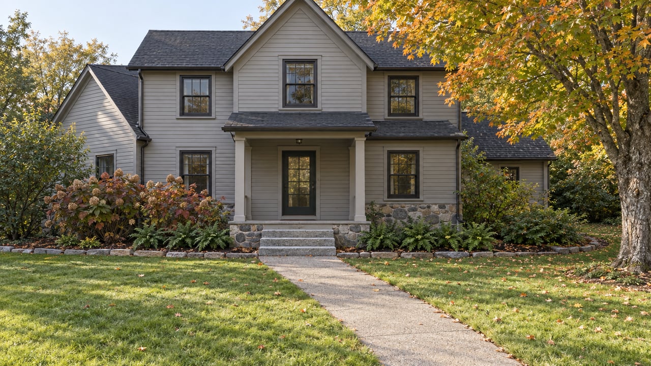 Gabled gray clapboard home with a stone foundation, broad autumn lawn, granite entry steps, and an amber sugar maple.