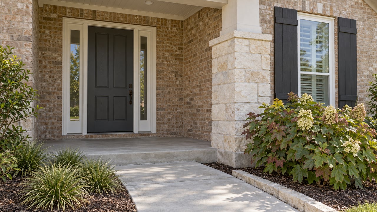 Covered brick entry with a limestone pier, charcoal door, white-trimmed window and carefully bordered planting bed.