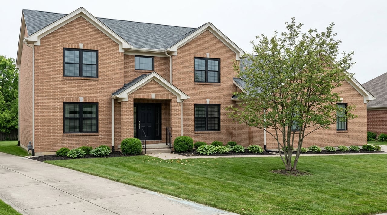 Two-story tan-red brick home with black-framed windows, a gabled entry, and a serviceberry tree beside the lawn.