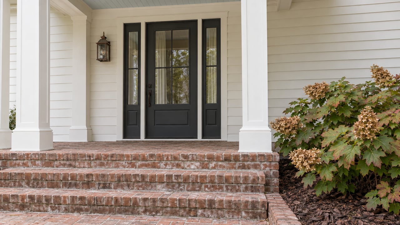 White clapboard home entry with a charcoal glazed door, pale blue porch ceiling, copper lantern and worn brick steps beside oakleaf hydrangeas.