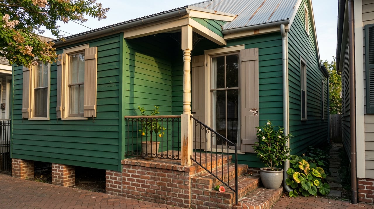 Emerald clapboard cottage with a raised brick porch, black iron railing, and potted citrus tree in warm sunlight.