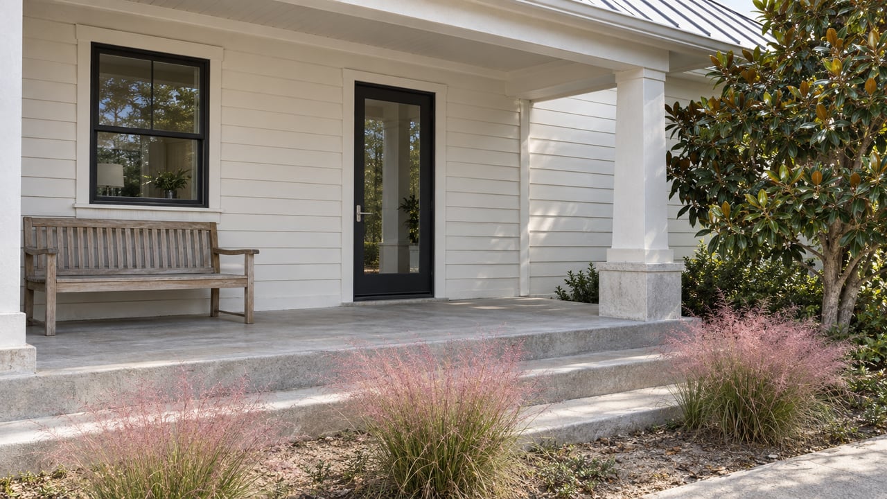 A shaded coastal home's white lap-sided porch with a glazed door, teak bench, shallow concrete steps and pink muhly grass.