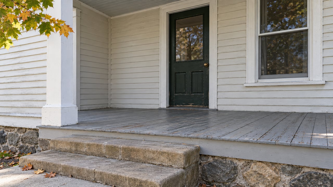 Close view of a covered porch with ivory clapboards, a green glazed door, tall sash window and weathered sandstone steps.
