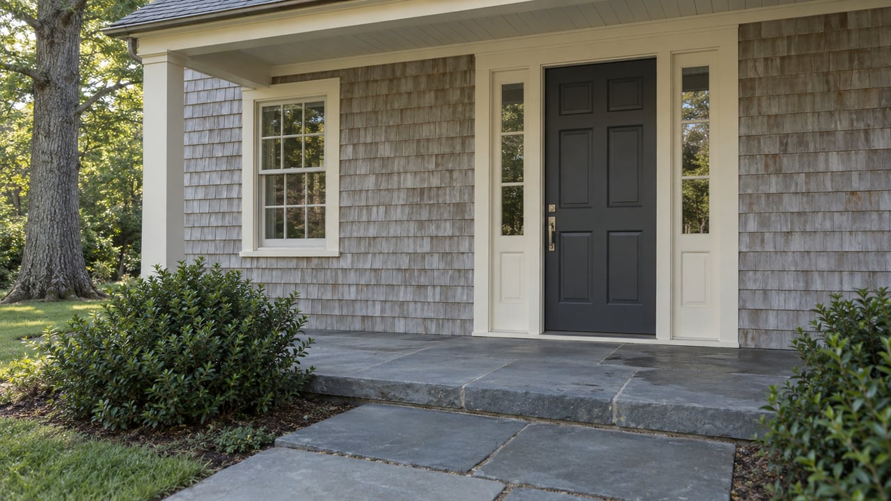 House entrance with a charcoal six-panel door, glazed sidelights, weathered cedar shingles, and a bluestone landing.