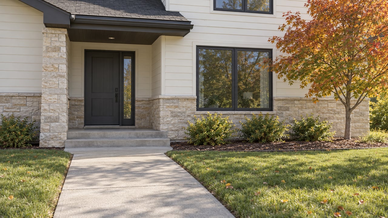 Home entrance with stone veneer, dark door, concrete walkway, and orange autumn tree.