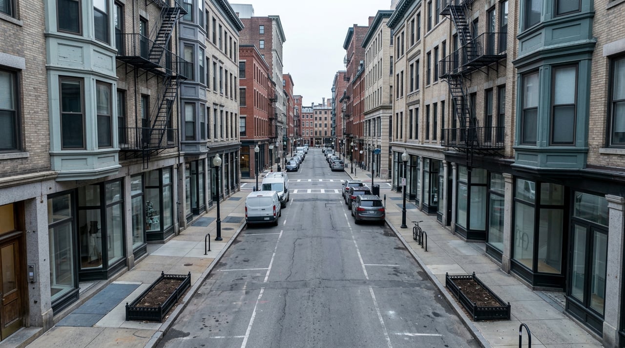 Narrow commercial street lined with brick storefronts, parked cars and delivery vans, viewed from above.