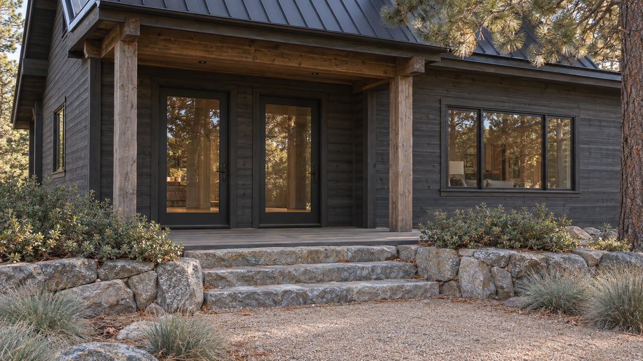 Charcoal cedar home with a timber porch, three granite steps, and a pine beside the roofline.
