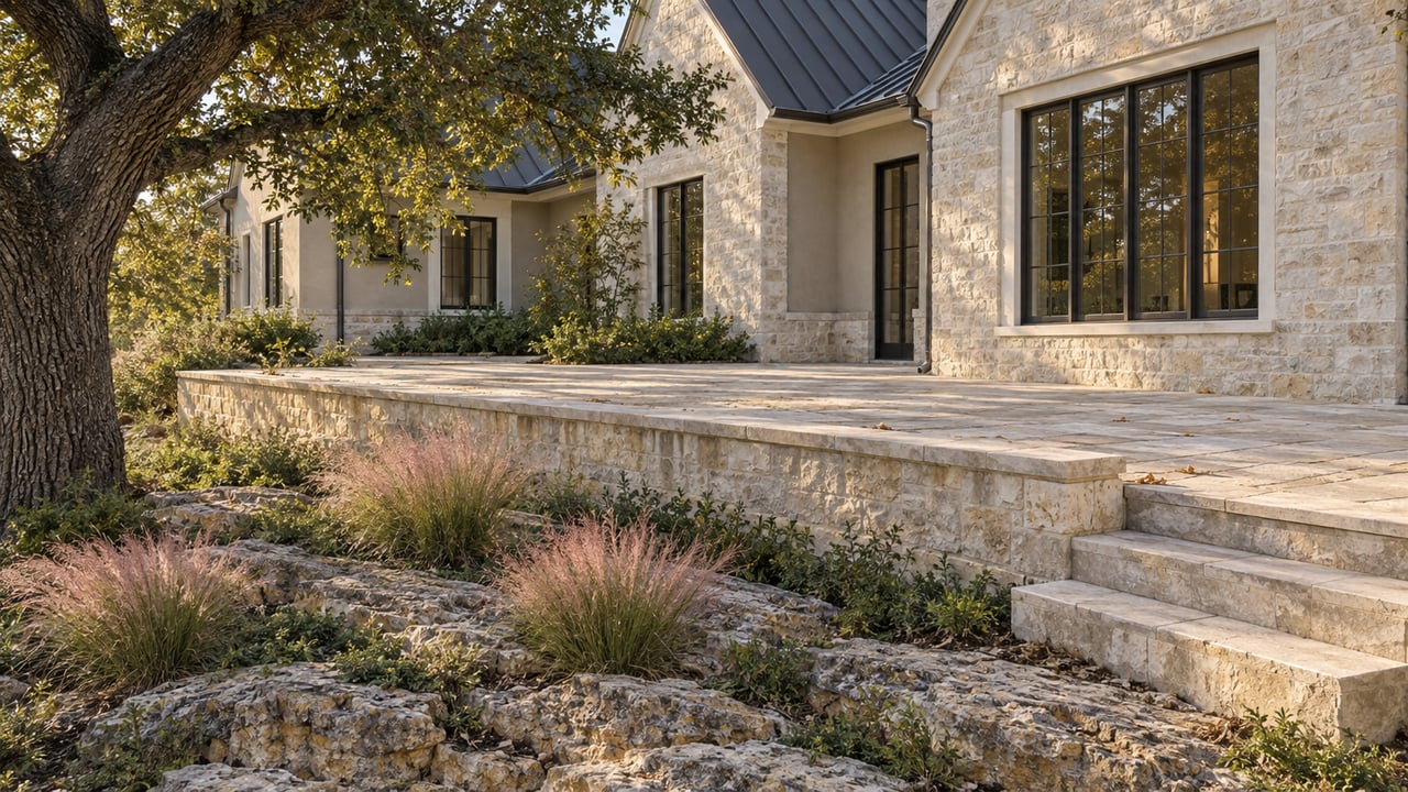 Limestone house above a stepped retaining wall and terrace, with stone stairs descending to a rocky, planted slope.