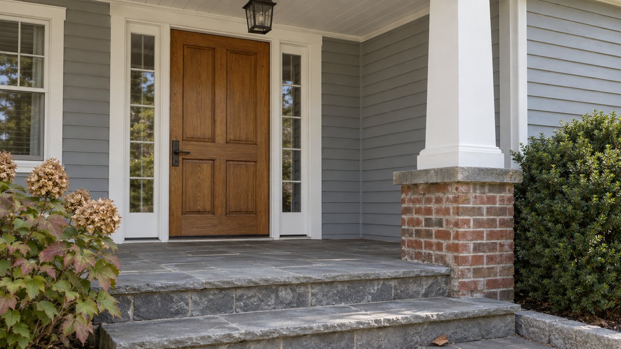Close view of a wood front door with paired sidelights, gray clapboard siding, a white porch column on a brick pier and slate steps.