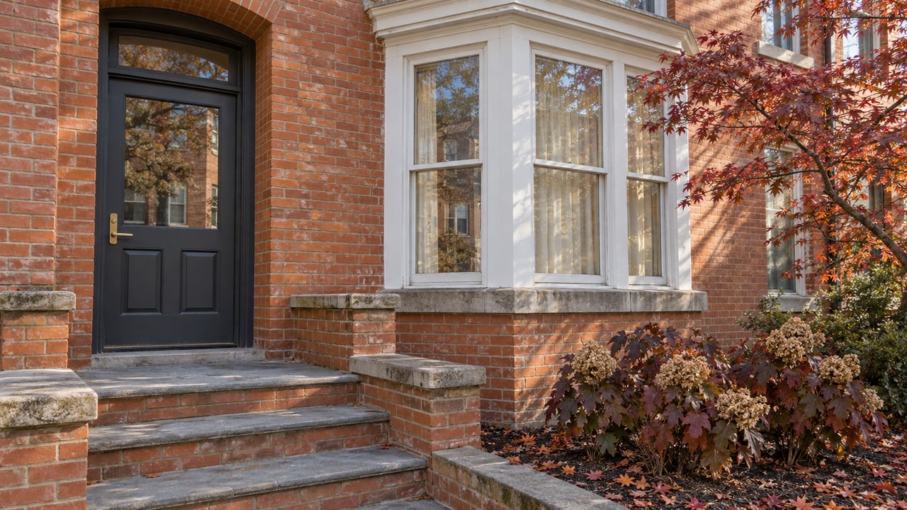 Sunlit brick townhouse entrance with bluestone steps, white bay windows and copper-red maple leaves.