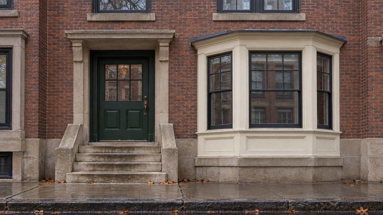 Red-brown brick rowhouse entrance with a dark-green door, cream bay window, and wet limestone stoop.