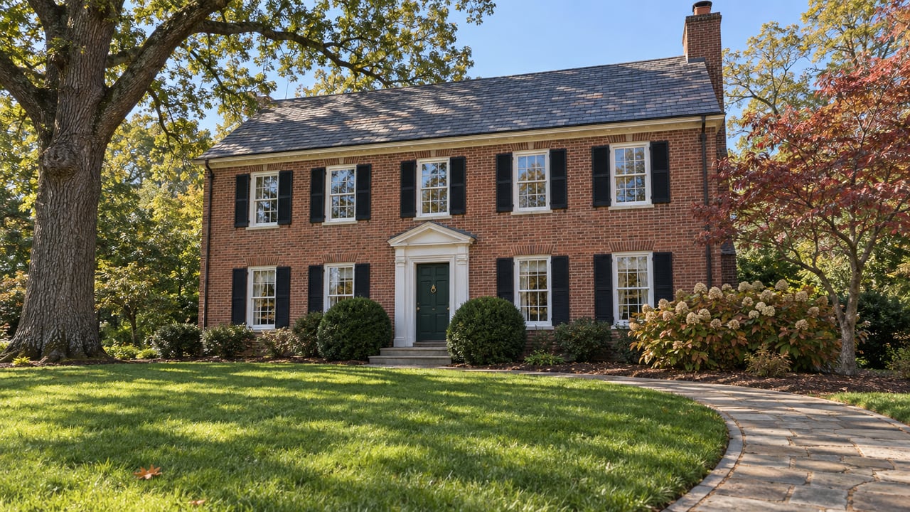 Traditional red-brick home beyond a broad lawn and curved stone walk, with white trim, black shutters and early-autumn oak and dogwood foliage.