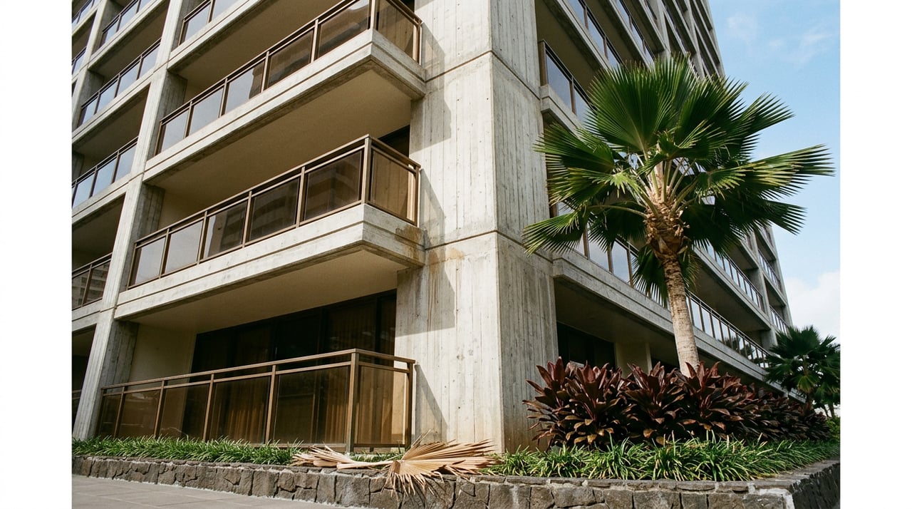 Concrete condominium corner with stacked glass balconies above a basalt planter, loulu palm, and maroon ti plants.