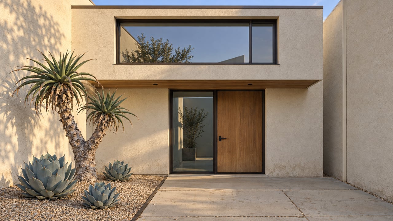 Cream-stucco attached home with a wood entry door, bronze-framed windows, and a compact gravel garden of sculptural aloe and agaves.