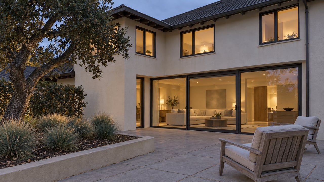 An established stucco home at blue hour, with warm light behind bronze-framed glass and two teak chairs on a broad terrace beside a mature oak.