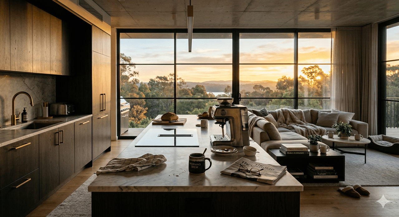 Ultra-realistic modern luxury home interior at sunrise