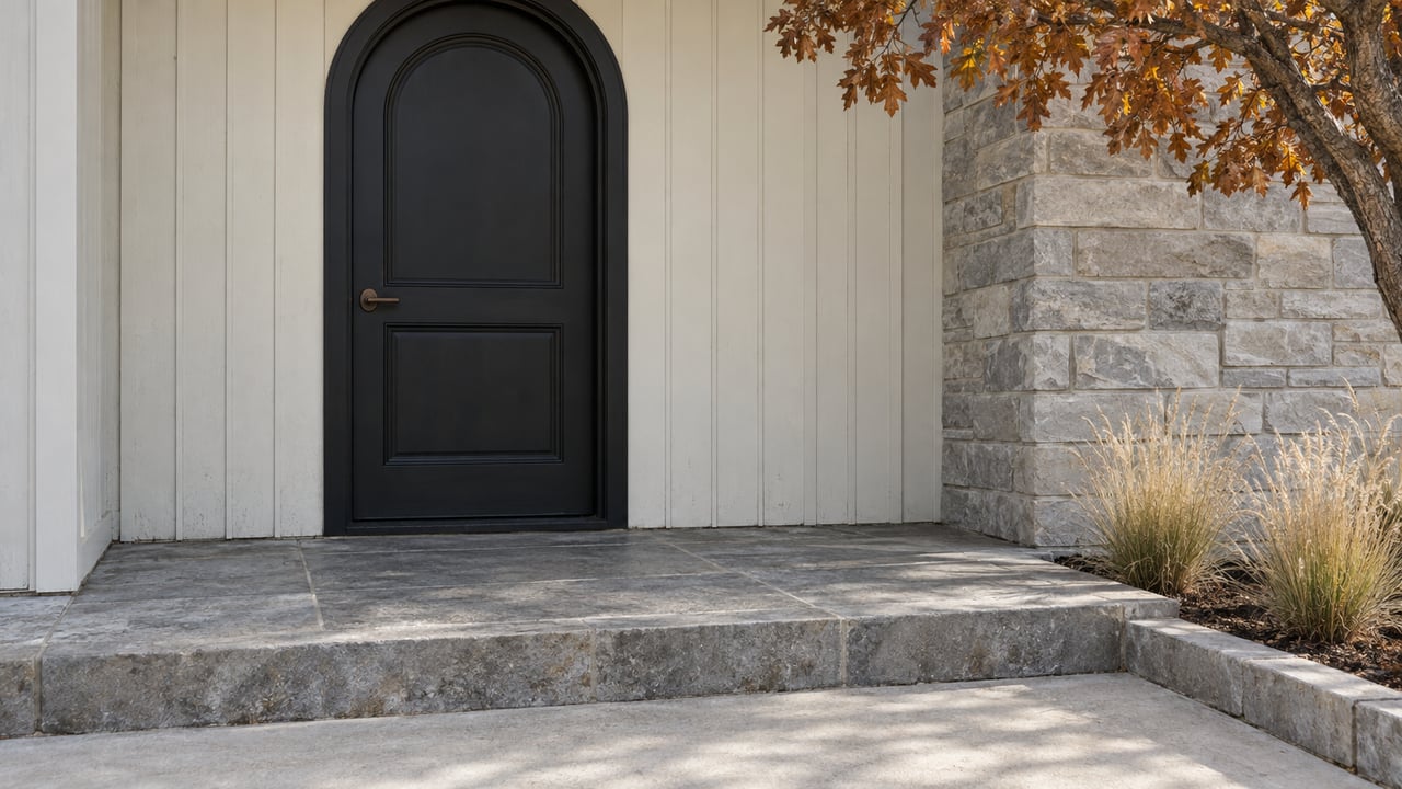 Black arched front door framed by ivory siding and pale gray stone, with a broad stone landing and autumn planting.