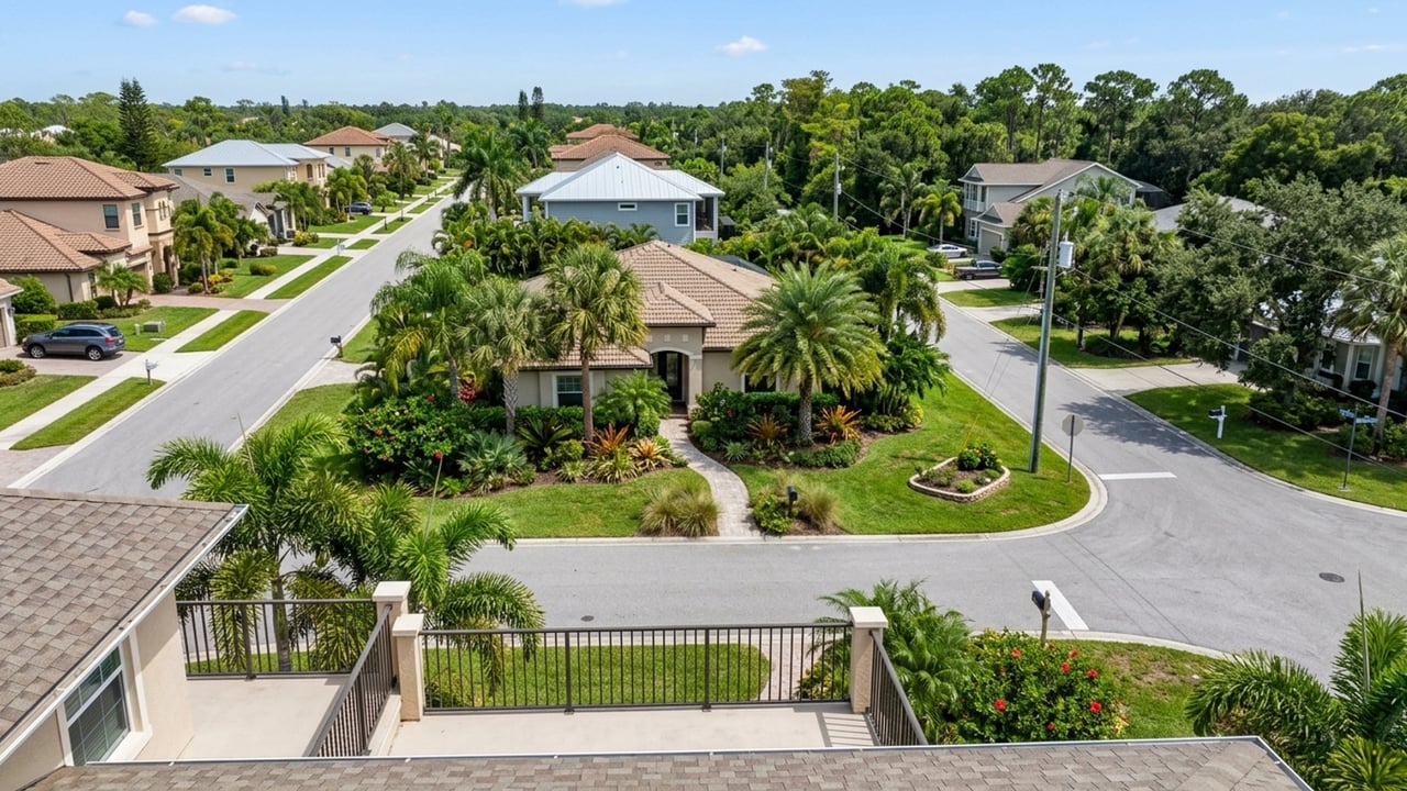 Residential neighborhood with palm-lined homes and streets, viewed from above.