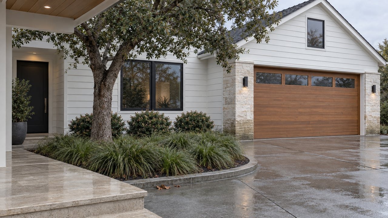 Rain-dark concrete and a planted garden beside a white-sided home with black-framed windows, limestone accents and a cedar garage door.