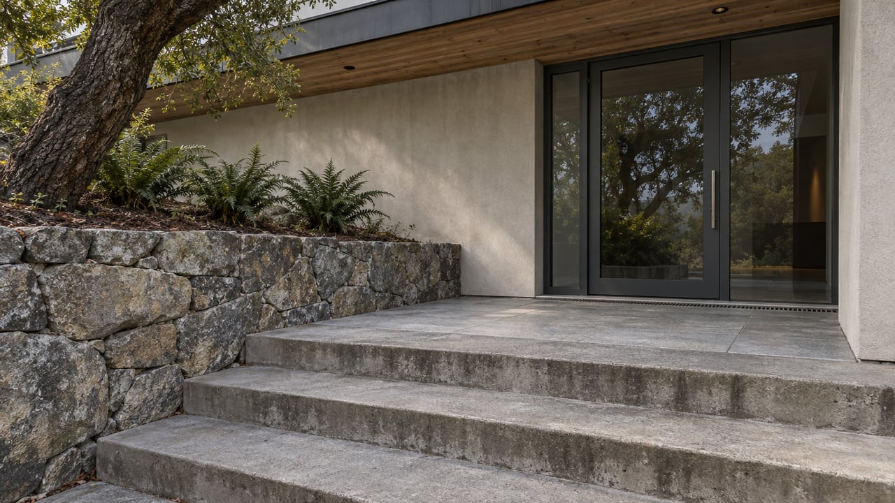 Weathered cedar overhang and glazed residential entry above broad concrete steps, beside a stone retaining wall and a mature oak.
