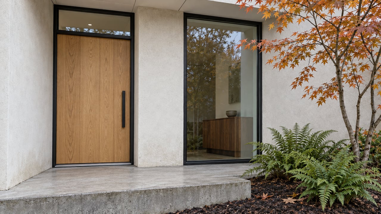 Sheltered oak entry beside a black-framed window, textured white plaster and an autumn vine maple above a concrete-edged fern bed.