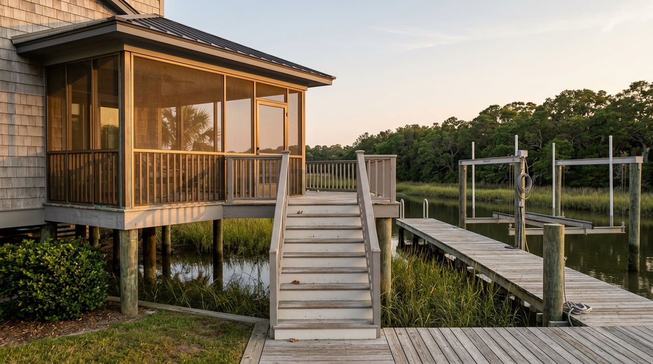 Screened porch and wooden stairs lead to a dock with an aluminum boat lift beside a marsh creek.