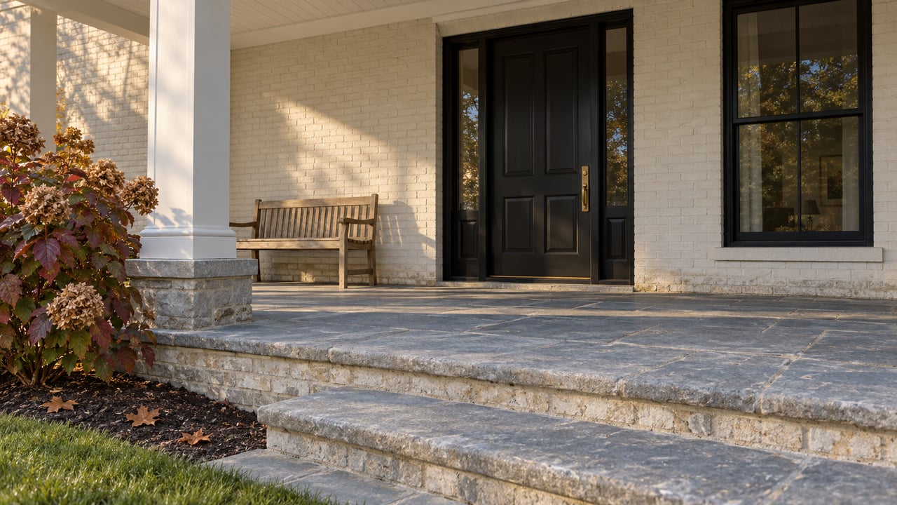 Cream-painted brick home with a deep limestone porch, black entry door, oak bench and burgundy oakleaf hydrangea.