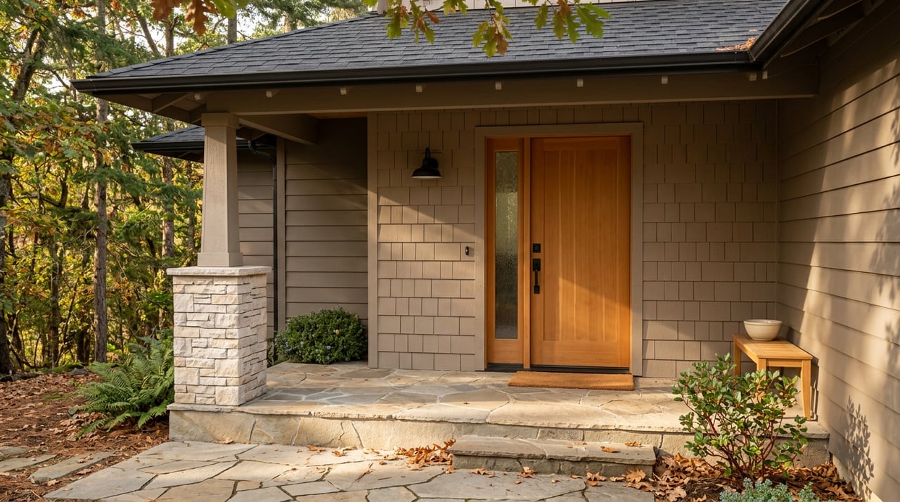 Porch with a honey-toned wood door, stacked-stone column, flagstone steps, and scattered autumn leaves.